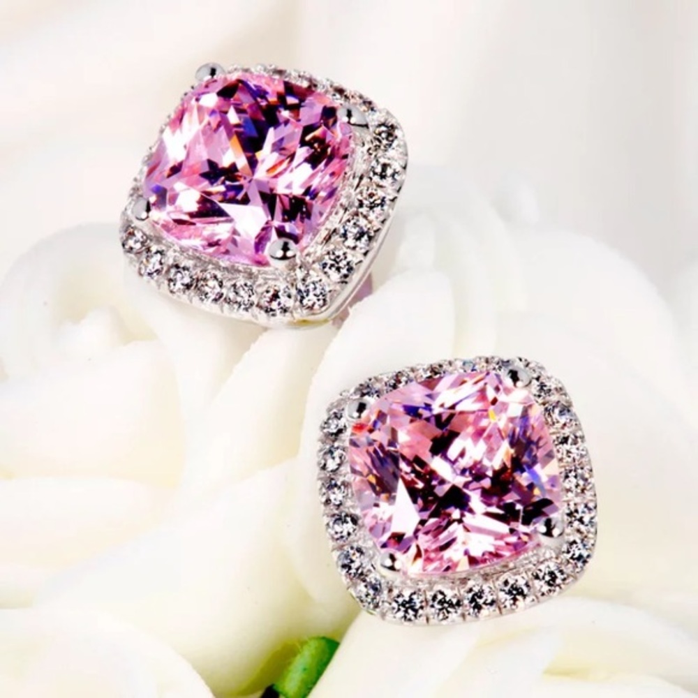 Princess cut cushion CZ Pink silver earrings